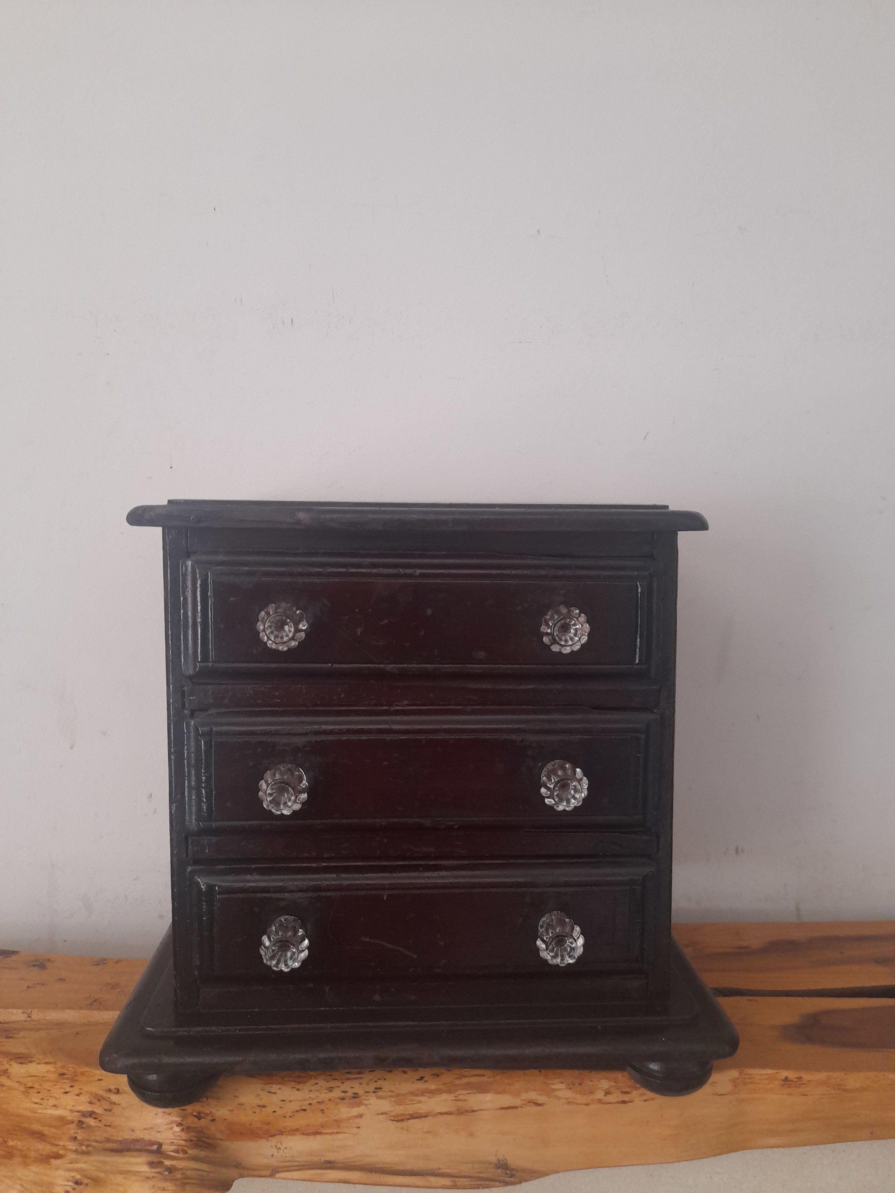Antique Apprentice Piece, Chest of Drawers with Glass Knobs. Small Storage. Dolls House Furniture. Jewellery Box 