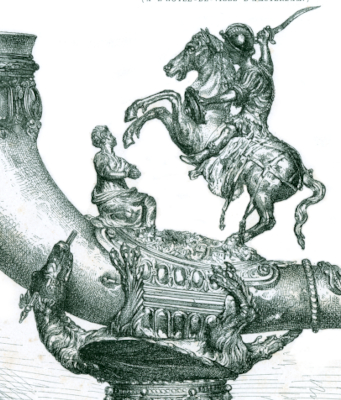 Close-up of the mounted figure and fantastical decoration on an antique silver drinking horn