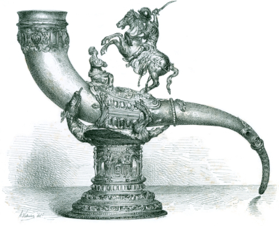 Antique-style illustration of an ornate Dutch silver drinking horn with a mounted figure