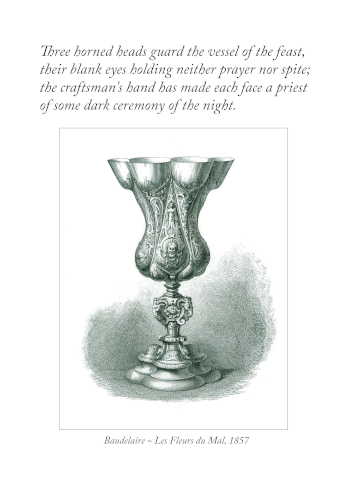 Full view of the Baudelaire poetry print, pairing a verse from Les Fleurs du mal with a vintage engraving of an ornate German silver cup.