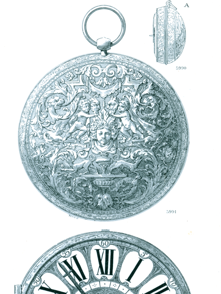 Close-up detail of the antique pocket watch engraving, highlighting the ornate chased case and Roman numeral dial.
