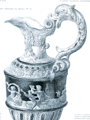  Close-up of the sculpted bird-like handle and engraved detail on an antique silver jug illustration